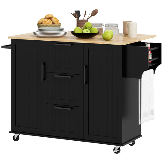 HOMCOM Rolling Kitchen Cart on Wheels with Drop Leaf, Kitchen Island with 3 Drawers, Solid Wood Top and Towel Rack, Black | Dipra Home