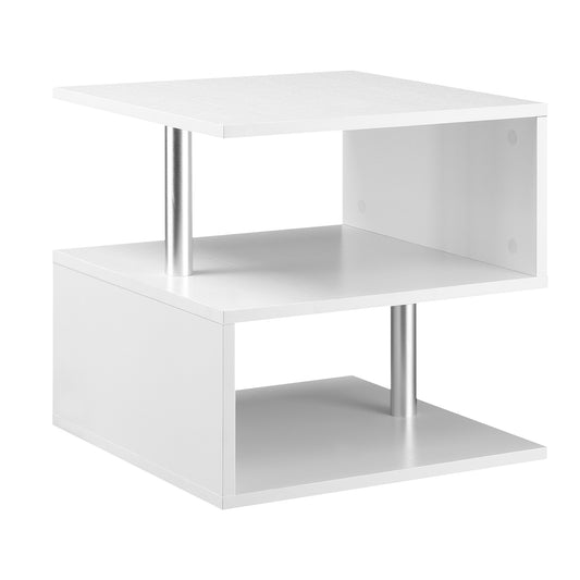 HOMCOM Stylish Organizer Table: Wooden S-Shape End Table with 3 Tier Storage Shelves for Living Room, Coffee Side Table, Desk, White | Dipra Home