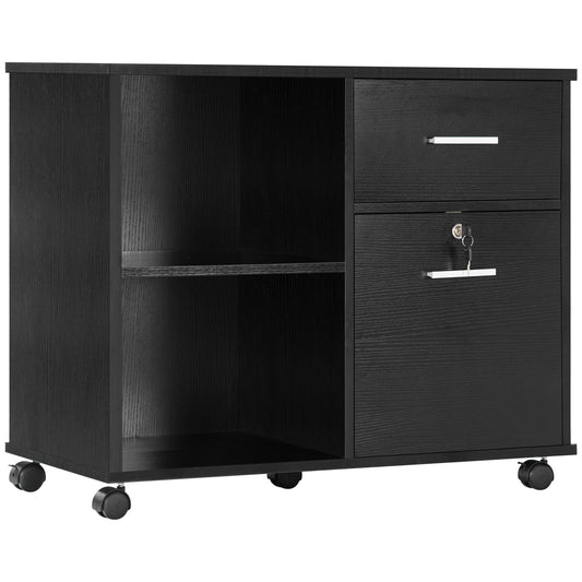 Vinsetto Lateral File Cabinet: Wheels, 2 Keys, Printer Stand, Open Shelves, Drawers, A4 Documents, Black | Dipra Home