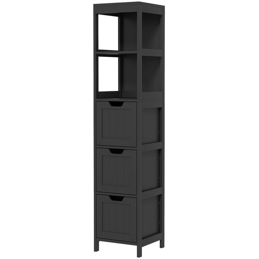 kleankin Narrow Bathroom Cabinet with 3 Drawers and 2 Tier Shelf, Tall Cupboard Freestanding Linen Tower, Black | Dipra Home