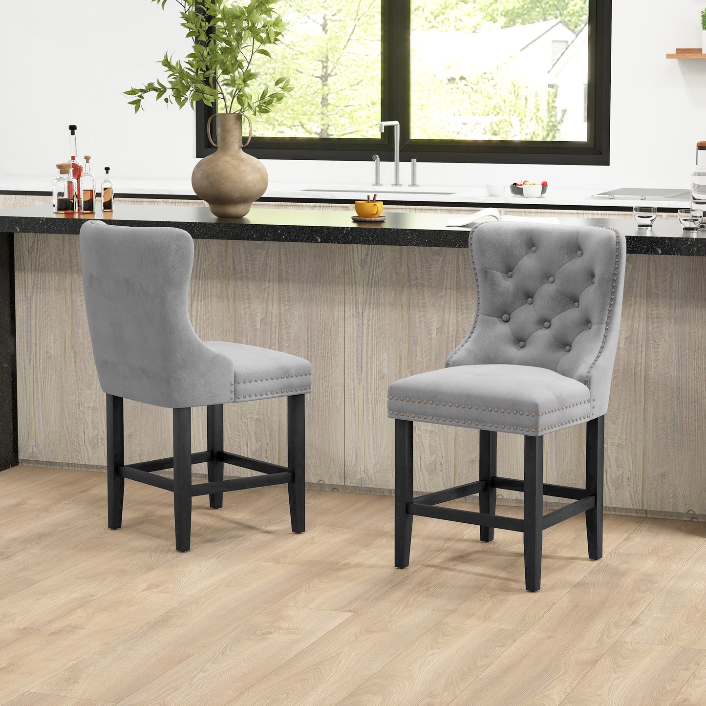 HOMCOM Set of 2 Upholstered Fabric Button Tufted Bar Stools 25.6" Counter Height with Back Wood Legs Grey | Dipra Home