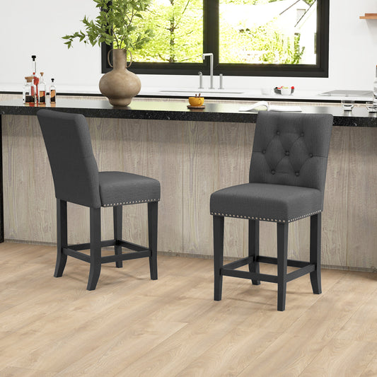 HOMCOM Set of 2 Fabric Tall 25.6" Bar Stools Tufted Back Wood Legs for Counter Dining Area Dark Grey | Dipra Home