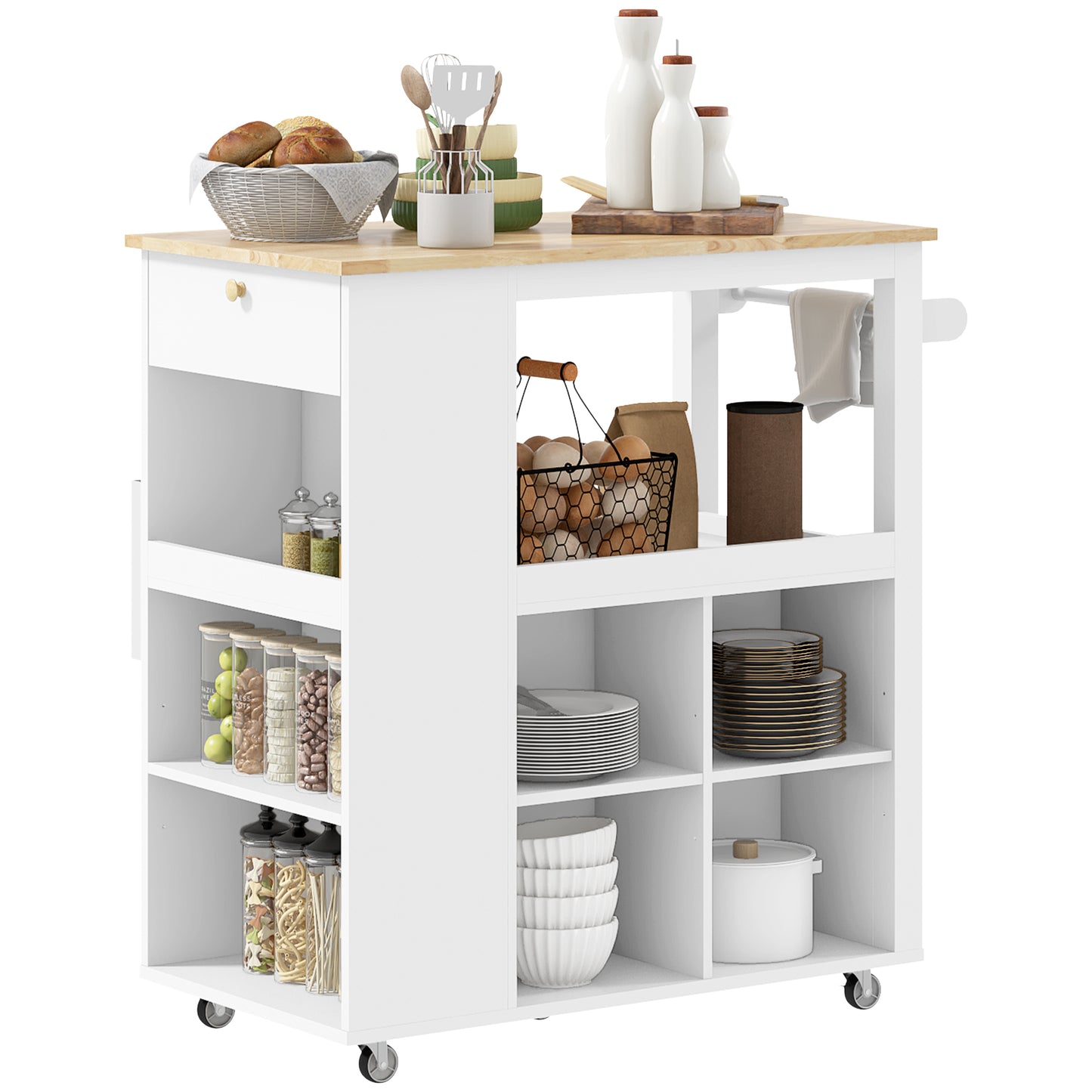 HOMCOM Kitchen Island Table Kitchen Cart with Rubberwood Top, Adjustable Shelves, Knife Rack, Towel Rack, Cabinet, White | Dipra Home