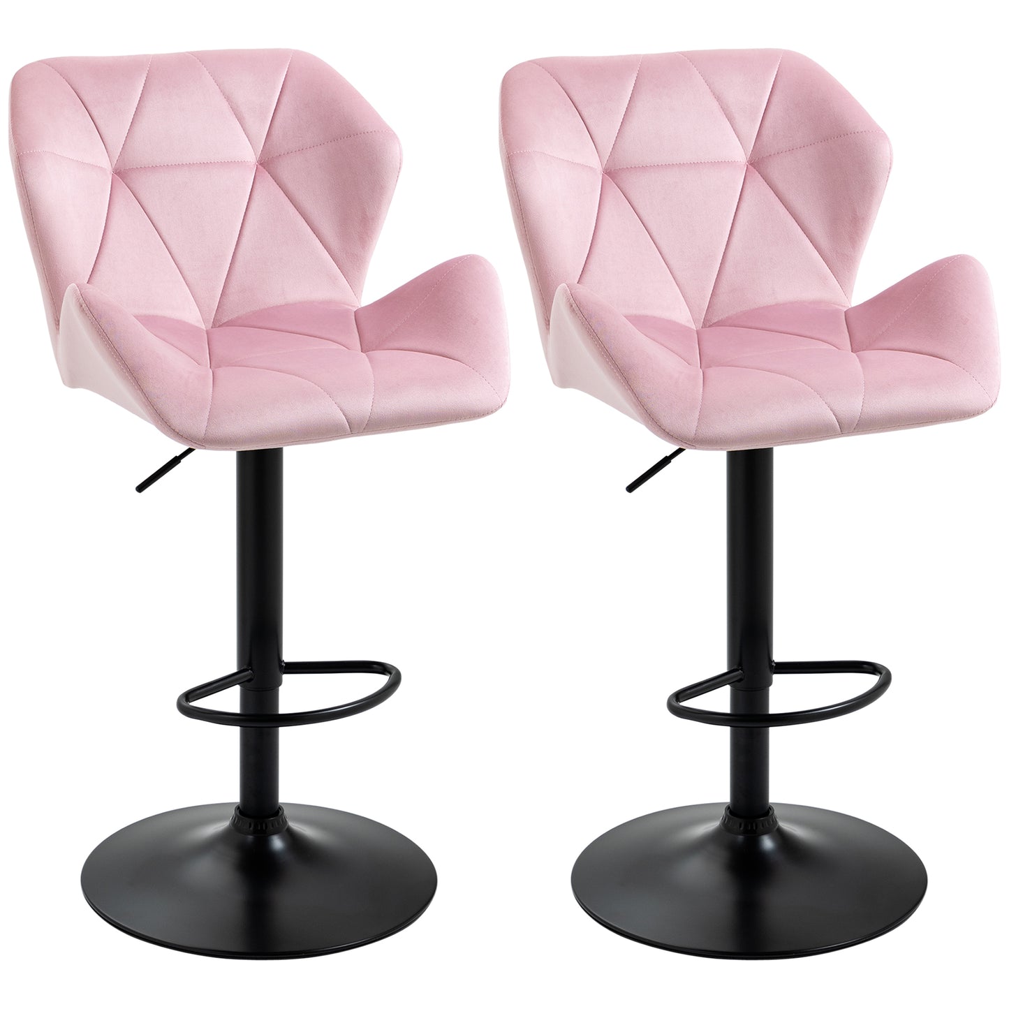 HOMCOM Set of 2 Adjustable Bar Stools Velvet-Touch Fabric Swivel Seat Armless Counter Height Chairs Pink | Dipra Home