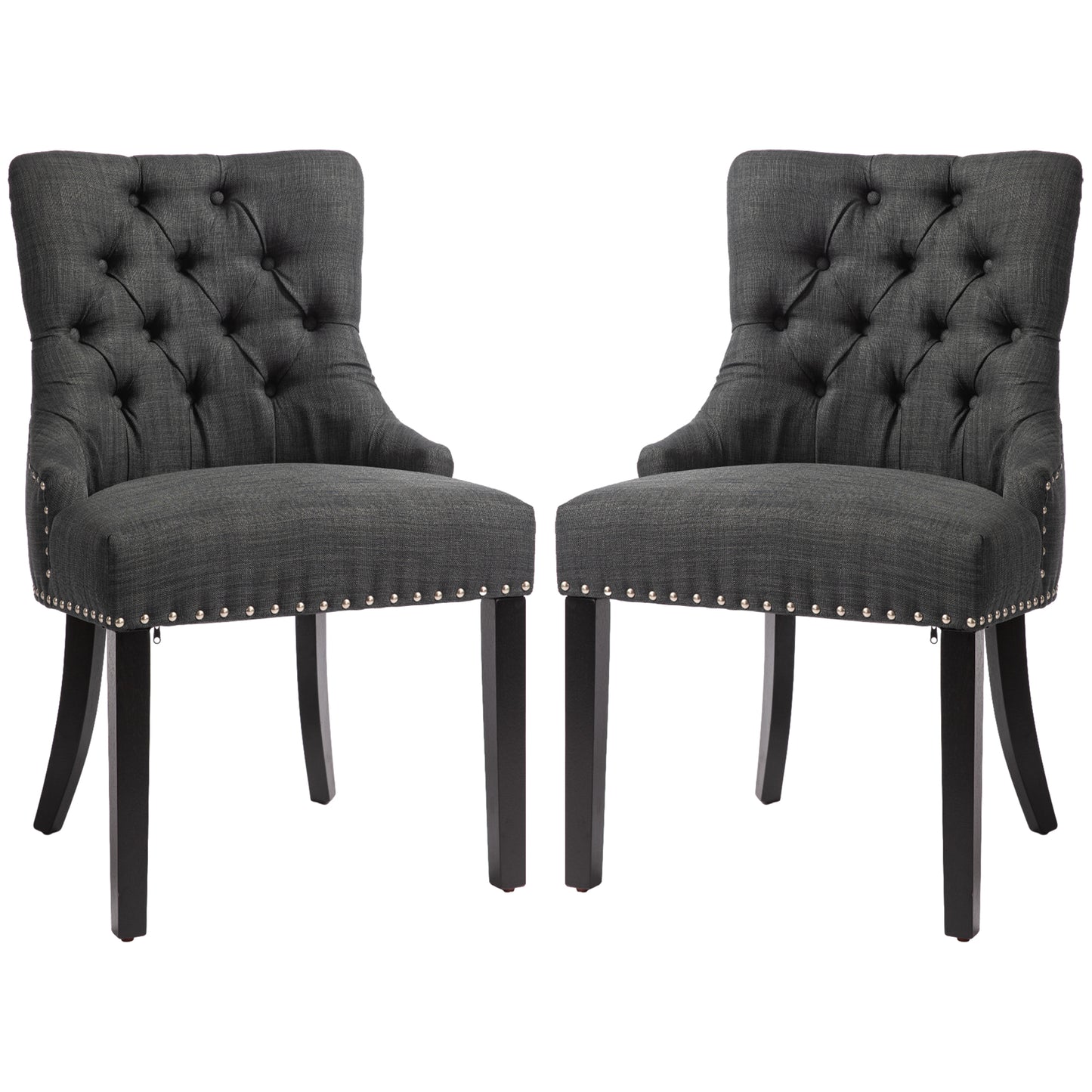 HOMCOM Swoop Air Linen Fabric Dining Chair Set of 2 with Nailhead Trim and Wood Legs Dark Grey | Dipra Home