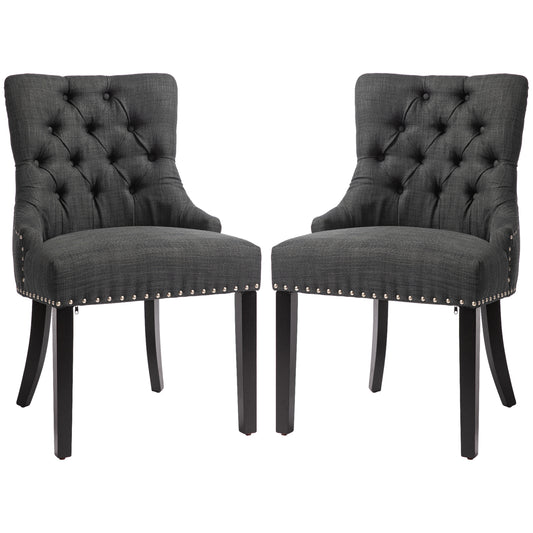 HOMCOM Swoop Air Linen Fabric Dining Chair Set of 2 with Nailhead Trim and Wood Legs Dark Grey | Dipra Home