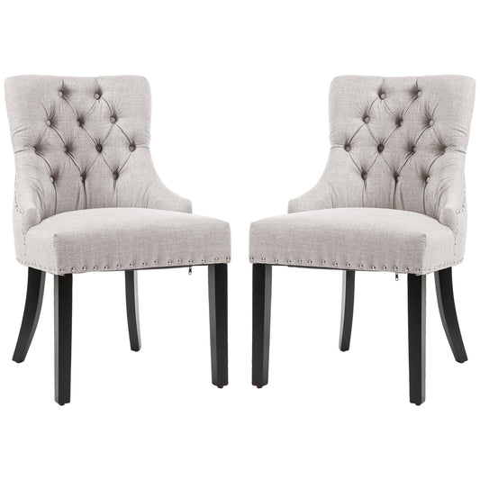 HOMCOM Swoop Air Linen Fabric Dining Chair Set of 2 with Nailhead Trim and Wood Legs Light Grey | Dipra Home