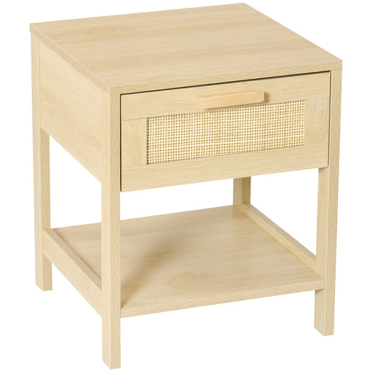 HOMCOM Nightstand: Rattan Drawer, Storage Shelf, For Bedroom/Living Room, Natural Finish, Bedside Table | Dipra Home