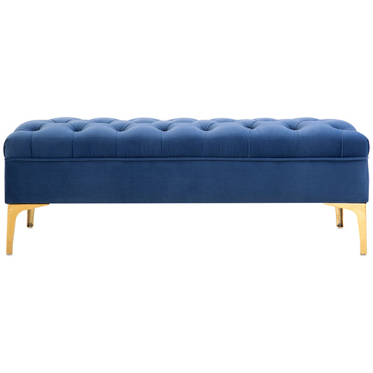 HOMCOM Velvet Upholstered Bench Button Tufted End of Bed Entryway Shoe Storage for Living Room Bedroom Decor Blue | Dipra Home