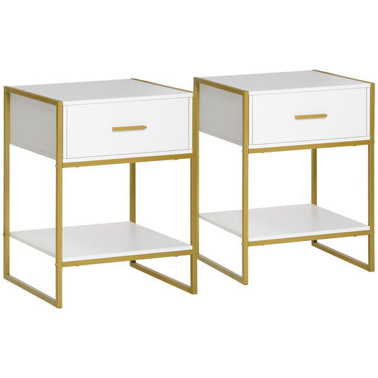 HOMCOM Nightstand Duo: Chic, Drawer, Shelf, Modern Bedside Table, Bedroom/Living Room Storage, White Gold | Dipra Home