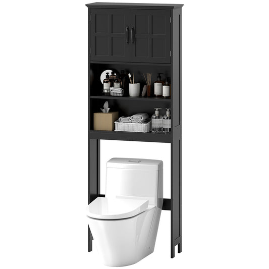 kleankin Modern Over The Toilet Storage, Bathroom Cabinets Over Toilet with Open Shelves and Double Door Cabinet, Black | Dipra Home