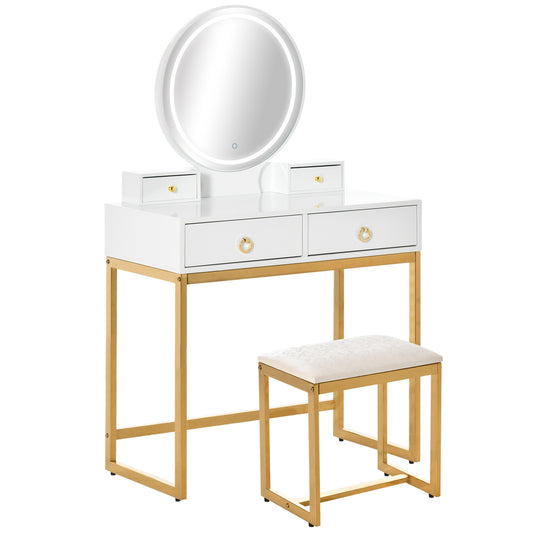 HOMCOM Elegant Makeup Vanity Set with Round Mirror 3-Color LED Light 4 Drawers Cushioned Stool White for Bedroom Decor | Dipra Home