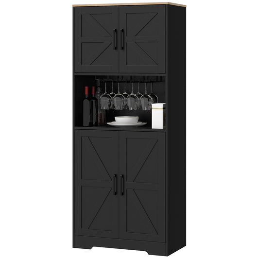 HOMCOM Farmhouse Kitchen Pantry, 68" Freestanding Hutch Storage Cabinet with Microwave Oven Countertop, Black | Dipra Home