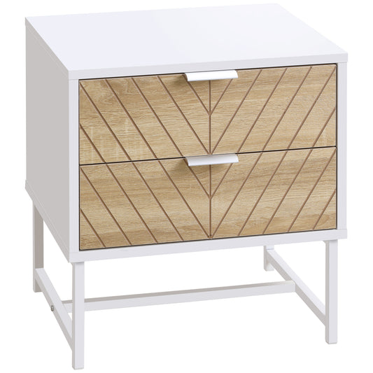 HOMCOM Minimalist Chic: 2-Drawer Bedside Table, Steel Frame Sofa Side Table for Bedroom Living Room, White Oak Finish | Dipra Home