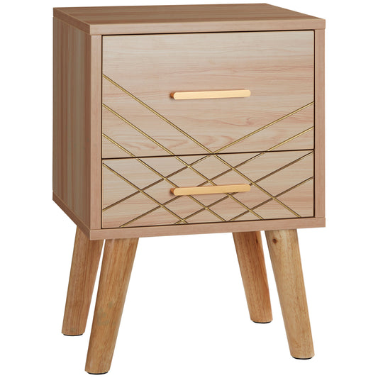 HOMCOM Natural Scandinavian Bedside Table: 2 Drawers, Wood Legs, Stylish Side Table, Bedroom, 13.8"x12.6"x20.3" | Dipra Home