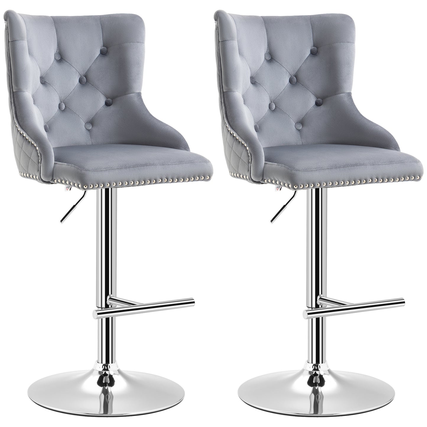 HOMCOM Set of 2 Adjustable Swivel Bar Stools Velvet Tufted Back Nailhead Trim Footrest Modern Kitchen Chair | Dipra Home