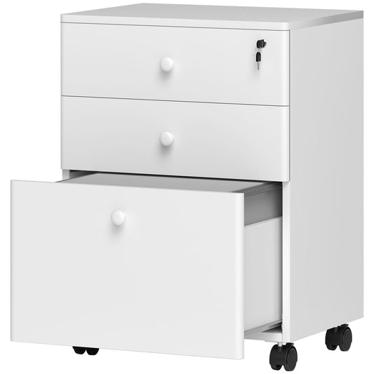 HOMCOM 3-Drawer Small Filing Cabinet with Lock, Vertical Office Storage Cabinet with Wheels for Home Office, White | Dipra Home