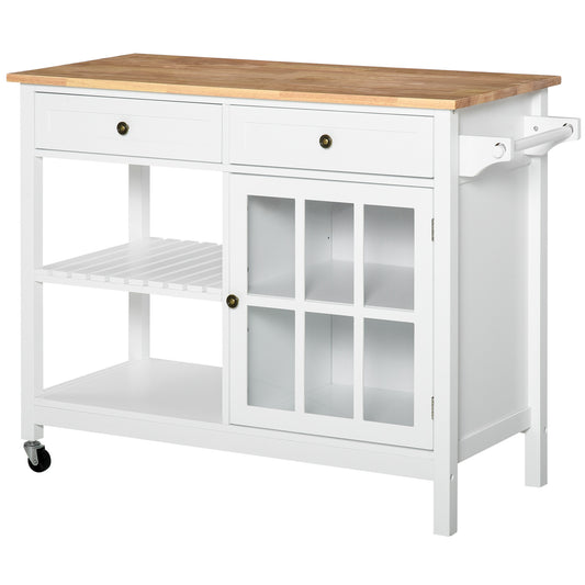 HOMCOM White Kitchen Utility Cart: Rolling Island with Rubber Wood Top, Towel Rack, Cabinets & Drawer Storage | Dipra Home