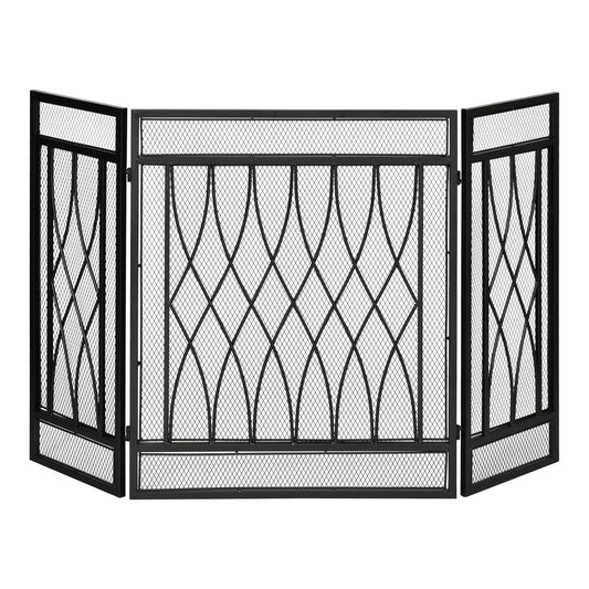 HOMCOM Decorative Metal Mesh Fireplace Screen 3-Panel Fire Spark Guard for Living Room, 49.5"x31.5" - Elegant Black | Dipra Home