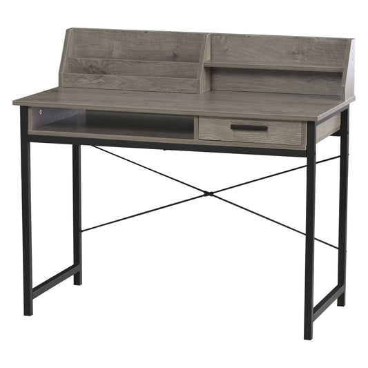 HOMCOM Grey Industrial Computer Desk with Drawer & Open Shelves - Stylish Writing Table with Hutch for Home Office | Dipra Home