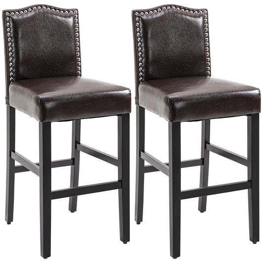 HOMCOM Set of 2 Bar Stools, PU Leather Armless Backed Chairs, Accent Breakfast Kitchen Stools for Dining Room, Bar w/Studded Nail Trim | Dipra Home