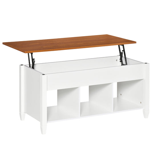 HOMCOM White & Brown Lift Top Coffee Table: Pop-Up Center Table with Hidden Storage, 3 Lower Shelves for Living Room | Dipra Home