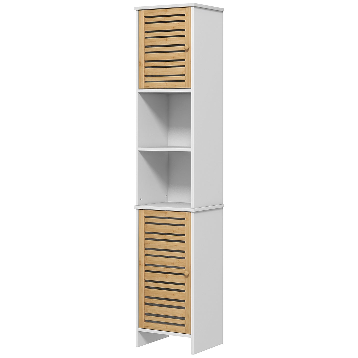 HOMCOM Tall Bathroom Cabinet Bamboo Doors Storage Adjustable Shelves Open Compartments White | Dipra Home