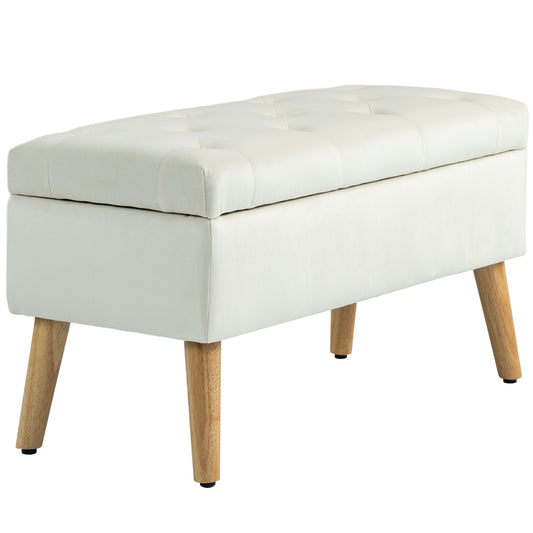 HOMCOM Storage Ottoman with Lid, Velvet Upholstered Storage Bench with Wood Legs for Living Room, Cream White | Dipra Home