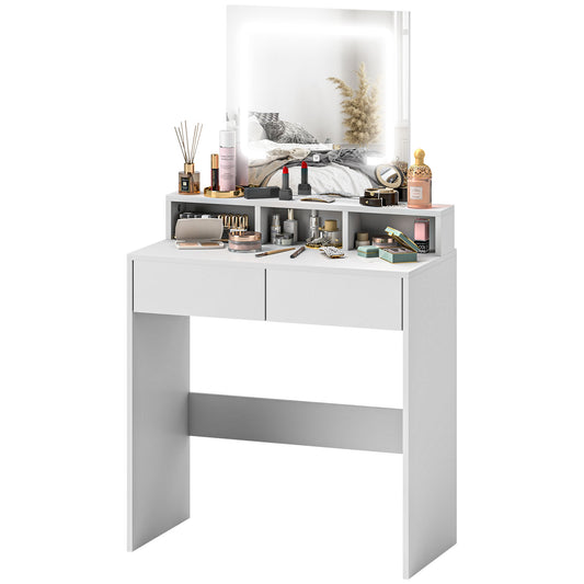 HOMCOM Makeup Vanity Desk with Mirror and LED Lights, for Bedroom, Modern Dressing Table with Drawers, Compartments, White | Dipra Home