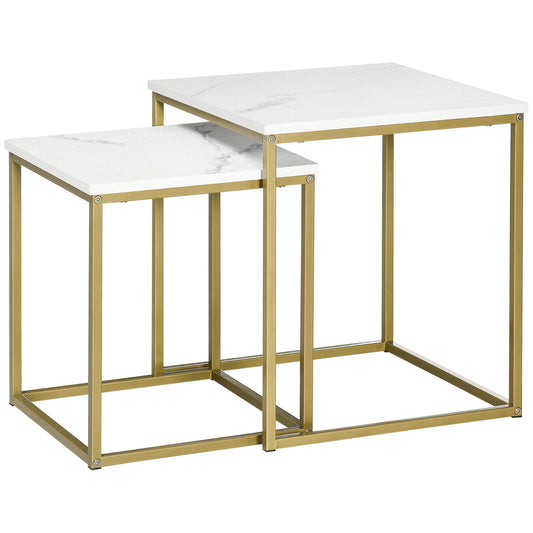 Homcom White Nesting Side Tables: 2-Piece Square Stacking Set with Metal Frame for Living Room/Bedroom | Dipra Home