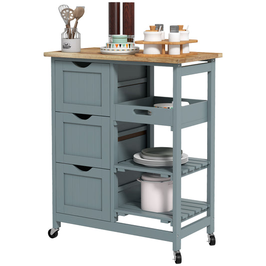 HOMCOM Grey Rolling Utility Cart: Kitchen Island on Wheels with Wood Top, 3 Drawers & Shelves for Dining Rooms | Dipra Home