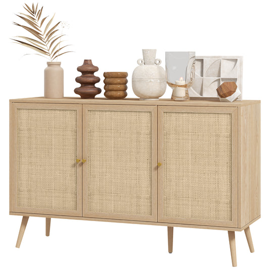 HOMCOM Kitchen Sideboard Cabinet, Boho Storage Cabinet with Shelves, Wood Legs, Decorative Rattan Doors, Natural | Dipra Home