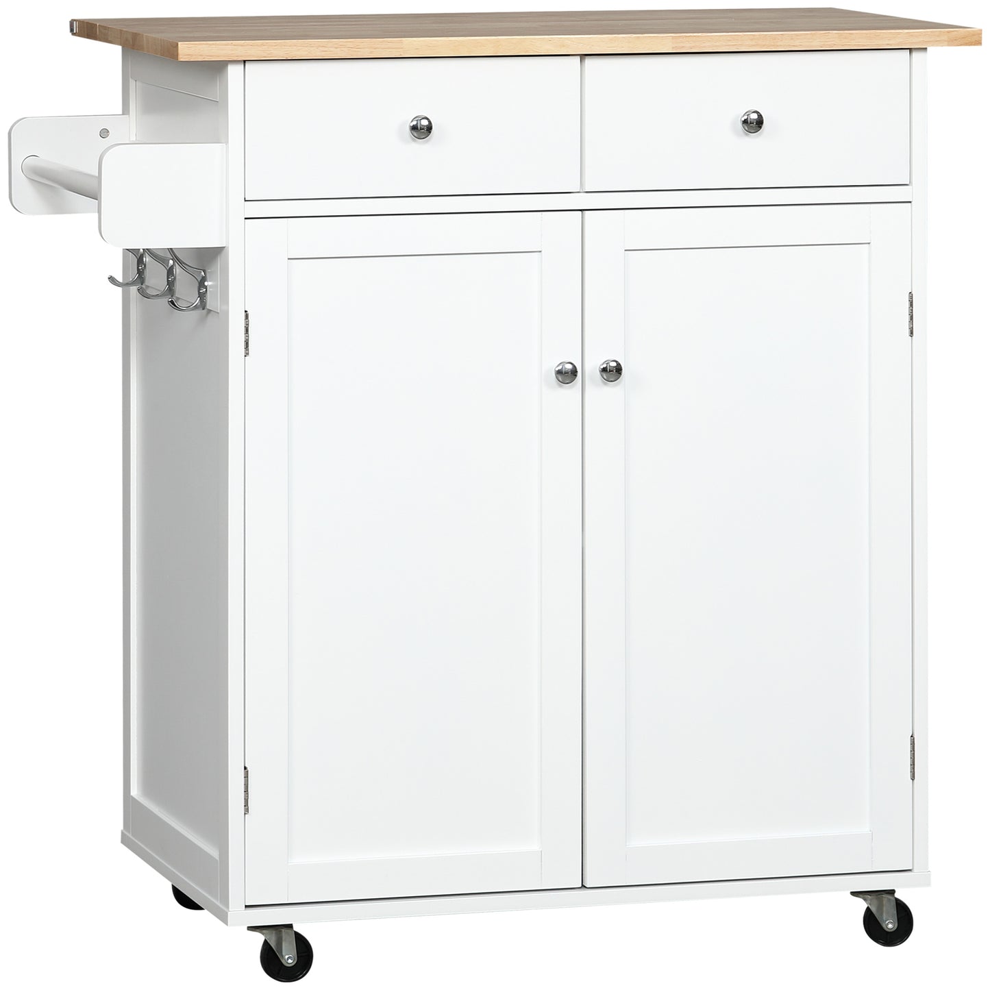 HOMCOM Mobile Culinary Companion: Rolling Kitchen Island Cart with Rubber Wood Top, Towel Rack, Storage Drawers, White Finish | Dipra Home