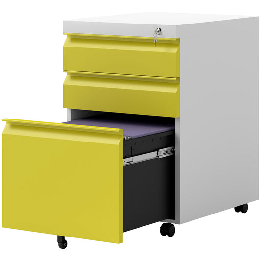 Vinsetto 3 Drawer Lockable Filing Cabinet on Wheels for Legal Letter A4 Files Yellow | Dipra Home