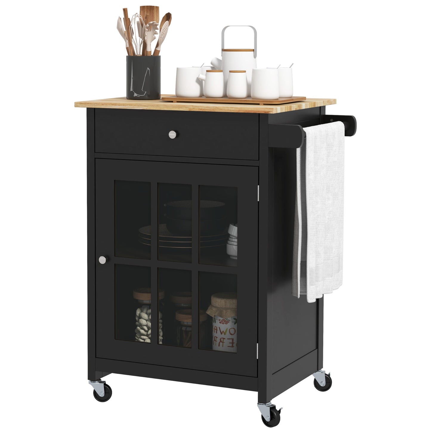 HOMCOM Kitchen Mobility: 26.4"x18.9"x34.1" Rolling Island with Drawer, Adjustable Shelf, Towel Rack, Black Finish | Dipra Home