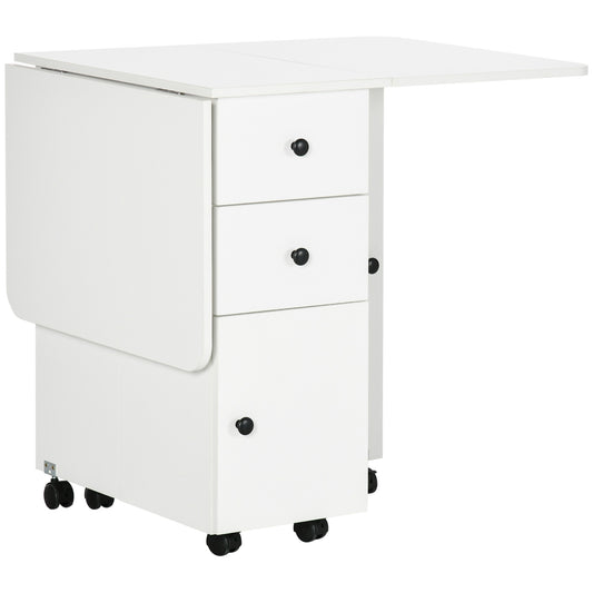 HOMCOM Rolling Kitchen Table Foldable Dining with Storage Drawers Cabinet Drop Leaf Wheels White | Dipra Home