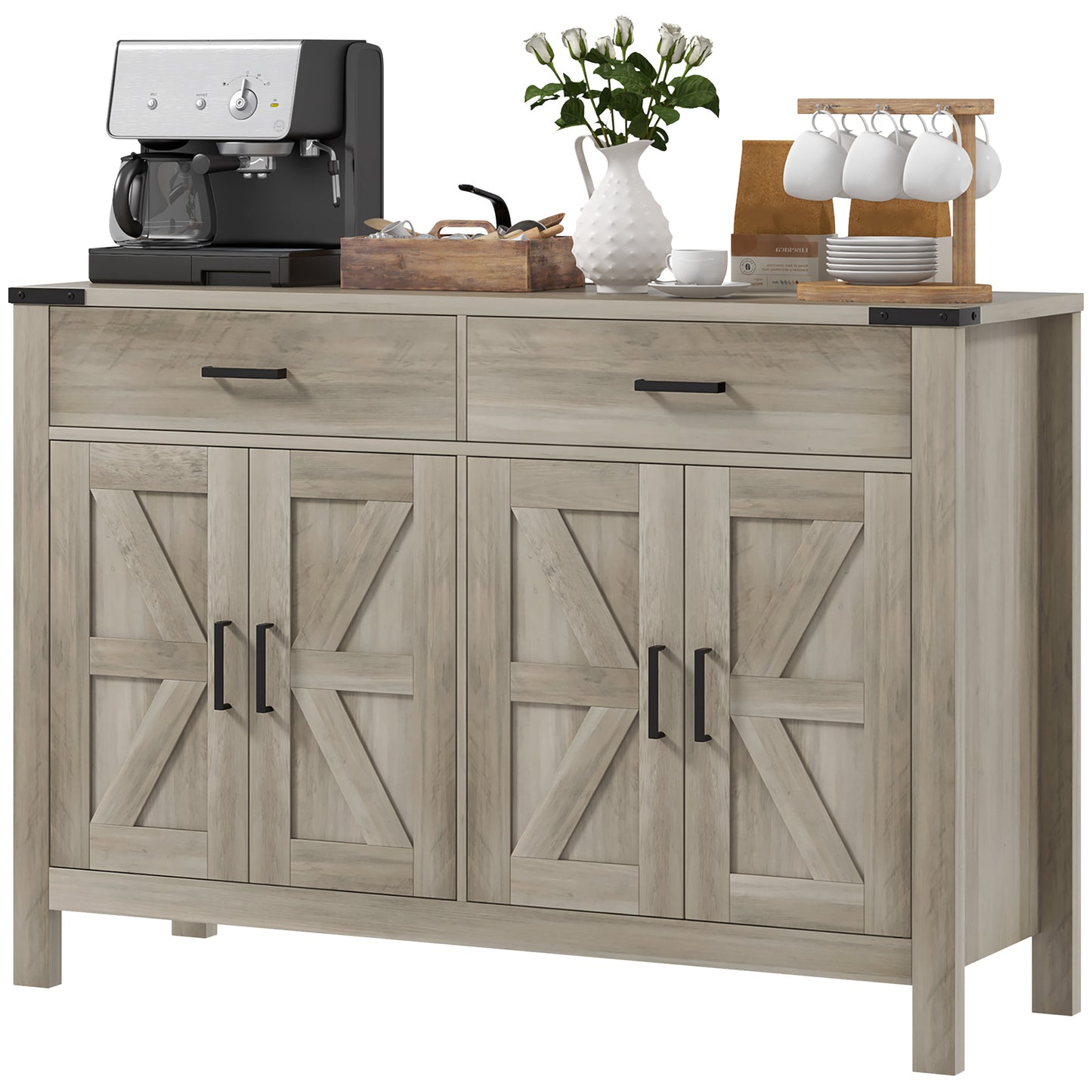 HOMCOM Farmhouse Buffet Cabinet Sideboard with 2 Drawers, 2 Storage Cabinets and Adjustable Shelves, Grey | Dipra Home