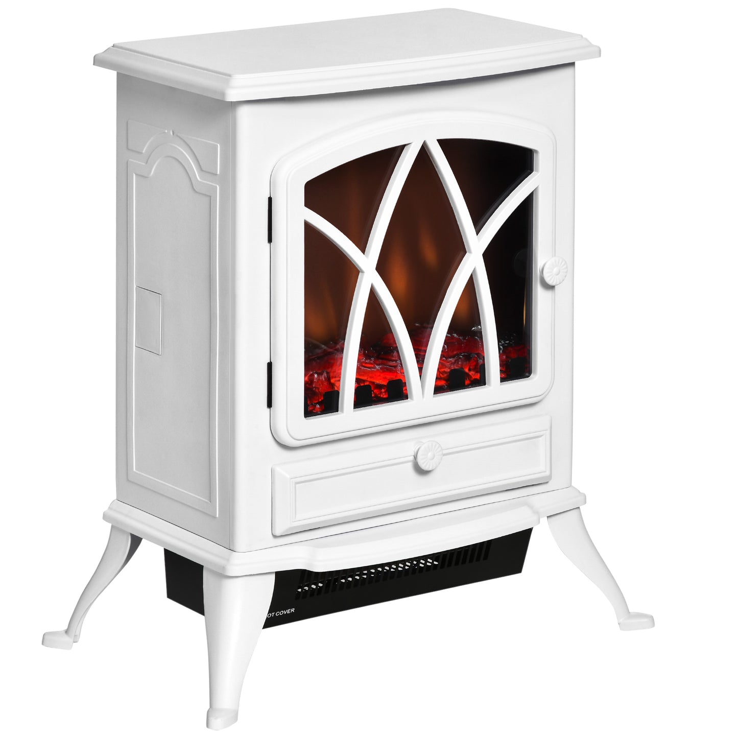 HOMCOM Electric Fireplace Heater Freestanding Fireplace Stove with Adjustable LED Flame Effect and Front Door, 750W/1500W, White | Dipra Home