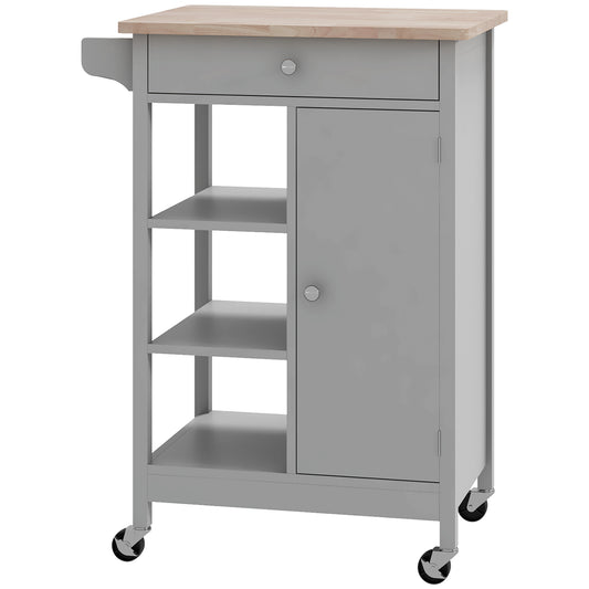 HOMCOM Chic Grey Kitchen Island Cart: Natural Wood Top, Drawer, Cabinet Storage, Towel Rack & Wheeled Mobility | Dipra Home