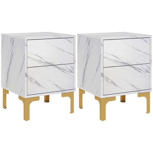 HOMCOM Faux Marble Nightstand Set: Elegant Accent Tables with Drawers, Crisp White | Dipra Home