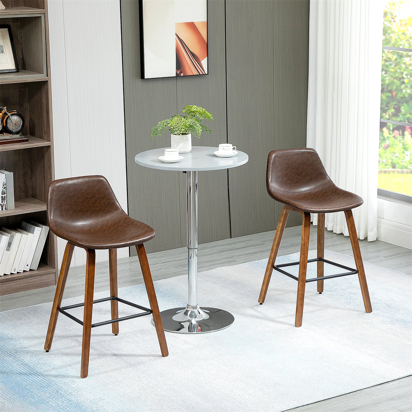 HOMCOM Counter Height Bar Stools Set of 2 Mid-Back Wood PU Leather Chairs Solid Wood Legs Brown | Dipra Home