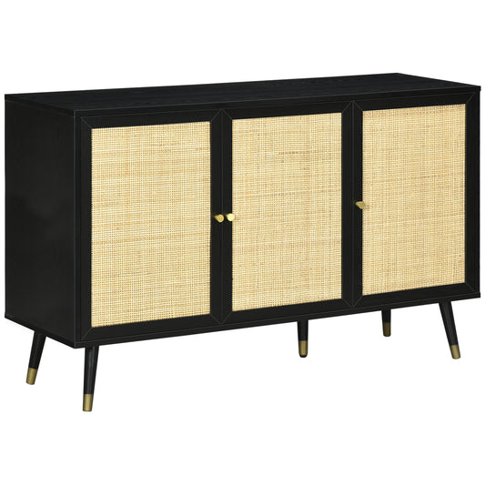 HOMCOM Black & Natural Rattan Sideboard: Kitchen Buffet Cabinet with Storage Shelves & Wood Legs for Living Areas | Dipra Home