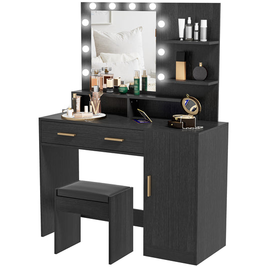 HOMCOM Illuminated Dressing Table Set, LED Vanity Table Set with Stool, LED Mirror, Drawer and Cabinet Shelves for Bedroom | Dipra Home