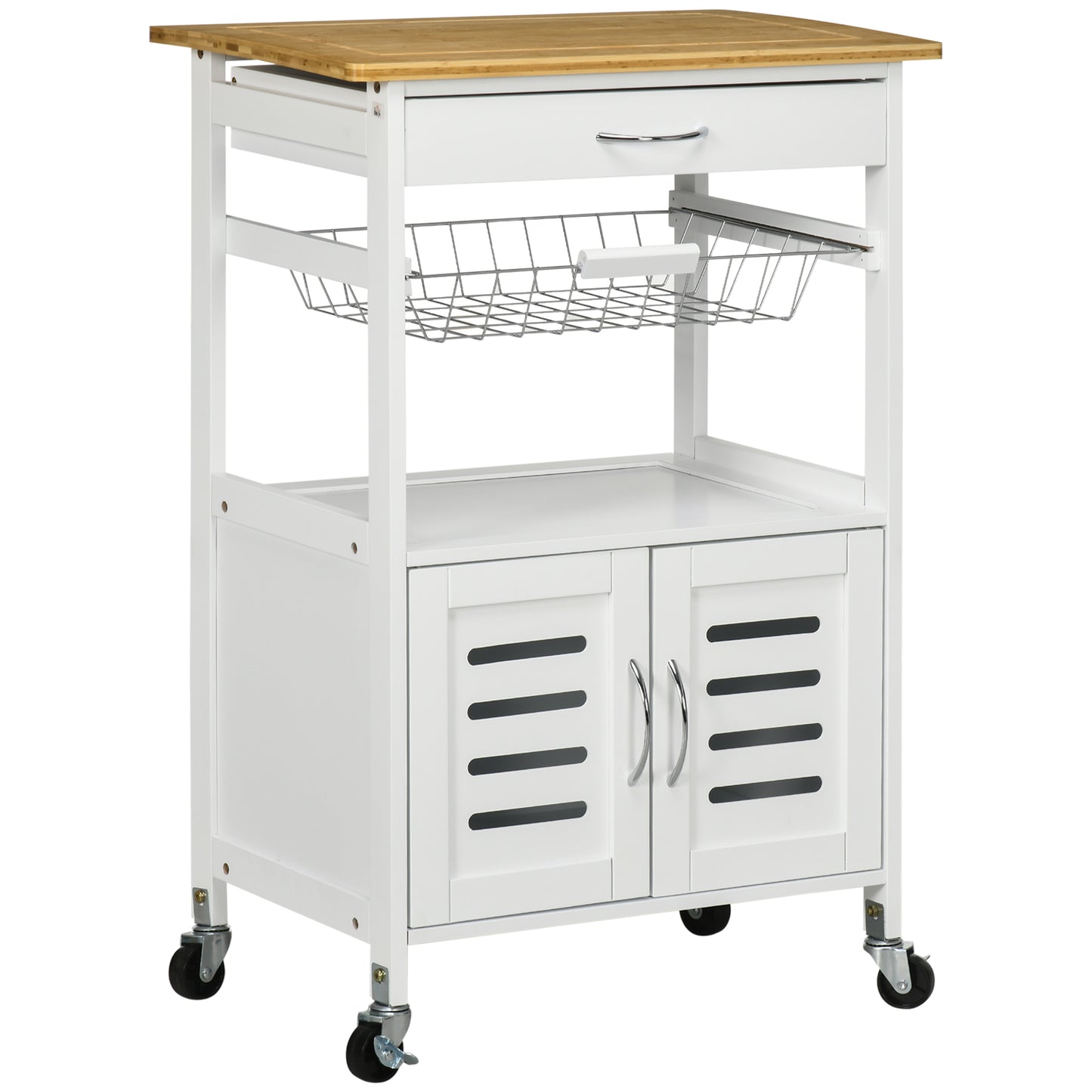 HOMCOM White Rolling Kitchen Cart: Bamboo Top Island with Cabinet, Drawer, Wire Basket & Storage Versatility | Dipra Home