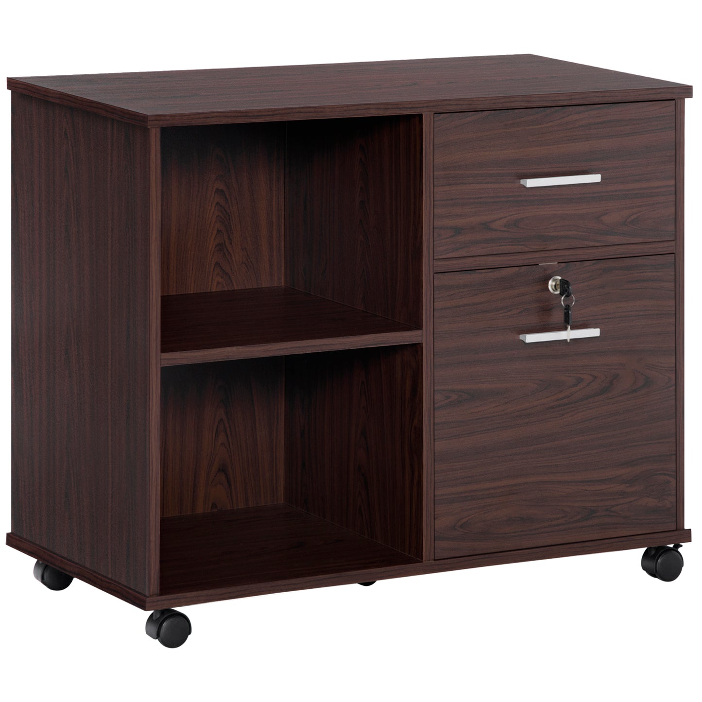 Vinsetto Lateral File Cabinet: Printer Stand, Wheels, Open Shelves, Drawers, A4 Documents, Walnut | Dipra Home