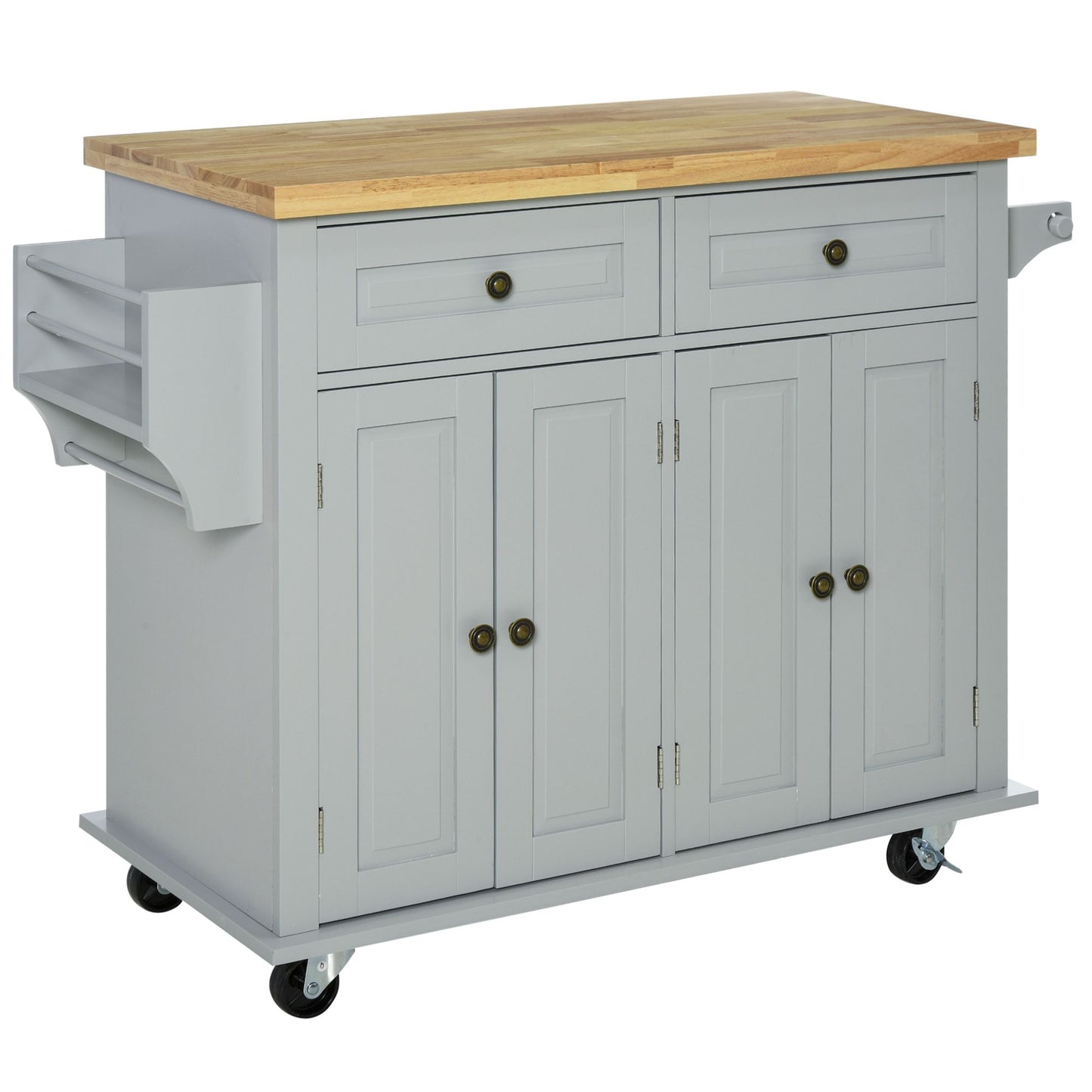 HOMCOM Rustic Rendezvous: Rolling Kitchen Island Cart with Storage, Rubber Wood Top, Spice Rack, Towel Rack, Grey Hue | Dipra Home