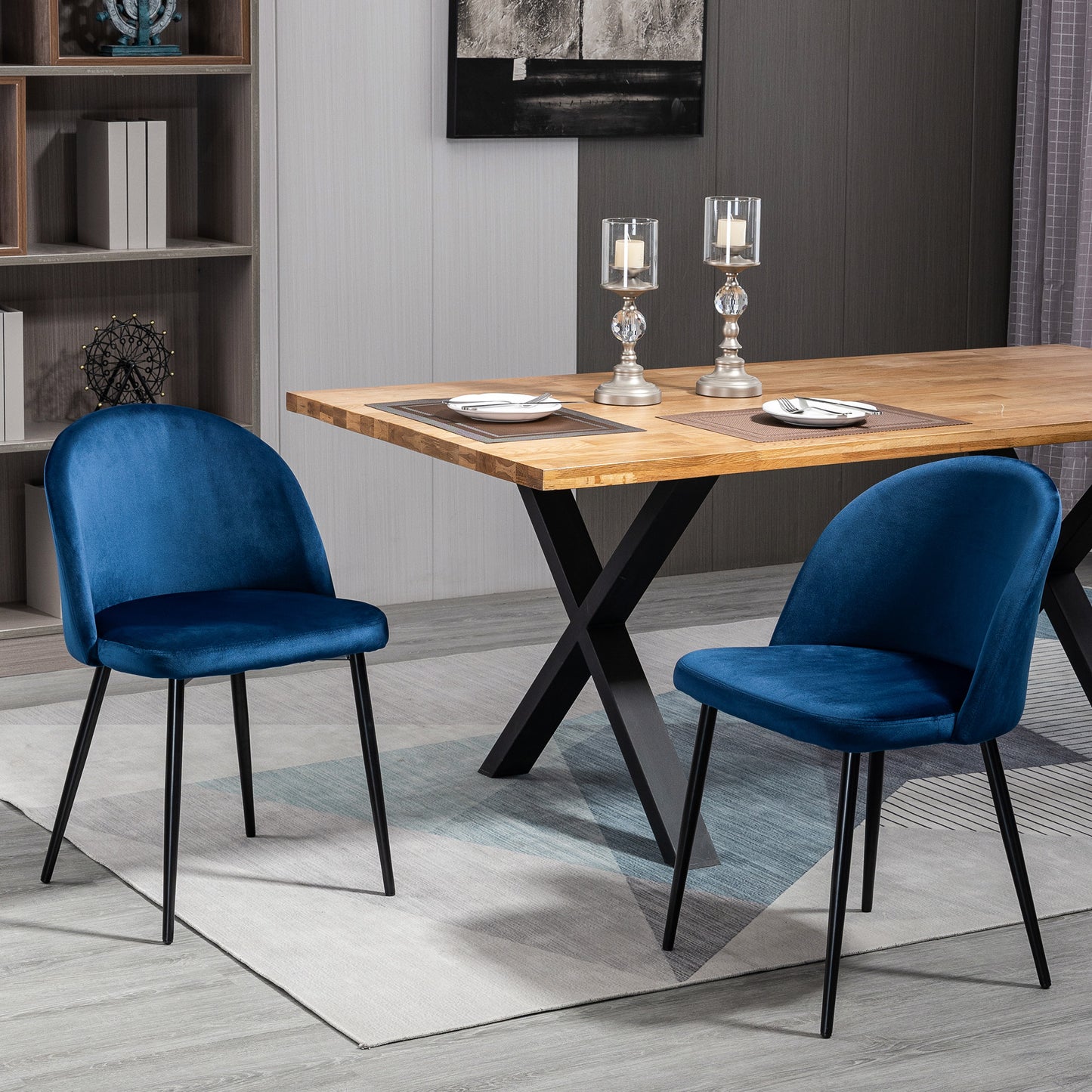 HOMCOM Set of 2 Modern Dining Chairs Mid-Back Velvet Side Table Chair Living Dining Dark Blue Furniture | Dipra Home