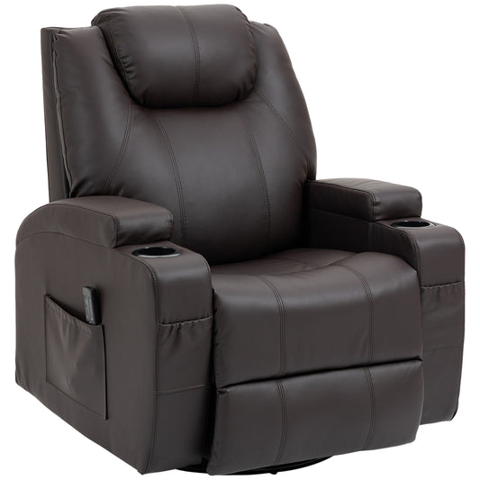 HOMCOM Faux Leather Recliner Chair with Massage, Vibration, with Remote Control, 360 Degree Swivel Seat with Dual Cup Holders, Brown | Dipra Home