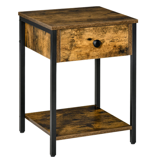 HOMCOM Industrial Side Table: End Table with Drawer and Storage Shelf, Accent Nightstand for Living Room, Bedroom, Rustic Brown Finish | Dipra Home