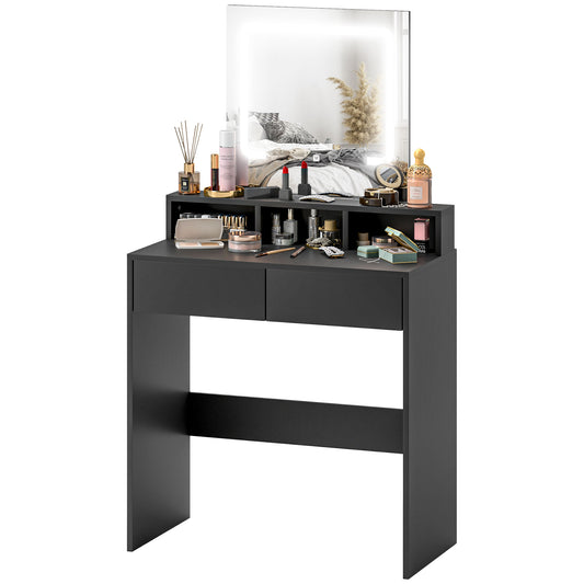 HOMCOM Makeup Vanity Desk with Mirror and LED Lights, for Bedroom, Modern Dressing Table with Drawers, Compartments, Black | Dipra Home